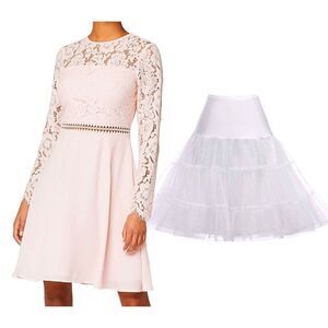 2PCS Bundle Pink Blush Lace Long Sleeve Elegant Dress & Petticoat SIZE XXL NWT